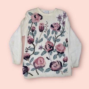 Chrysantheme Vintage Knit 3D Floral Crewneck Pullover Sweater Size S Grandma